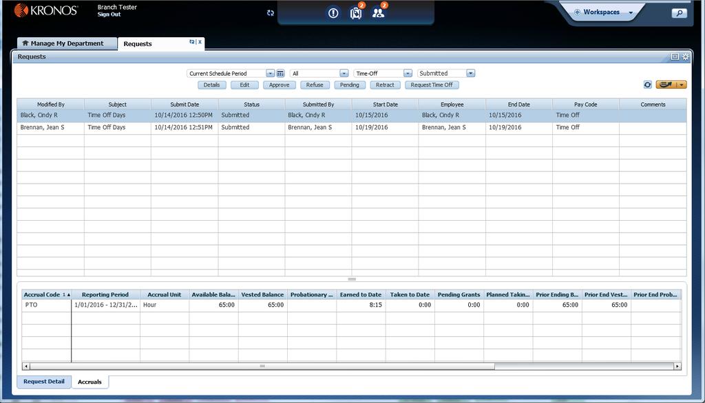 TIME OFF - APPROVING If you click on the Accruals tab at the bottom you can view the PTO balance