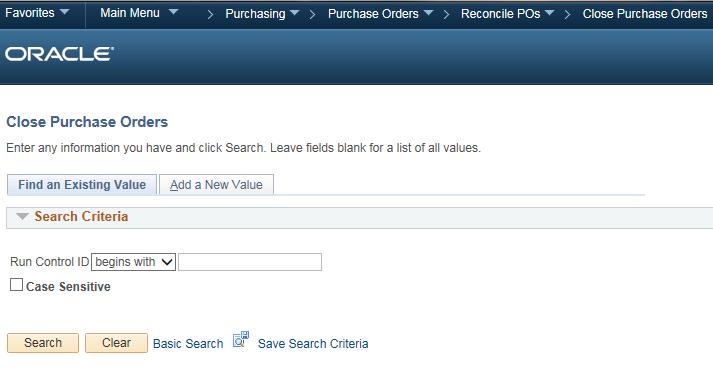 Process 1. Select Purchasing > Purchase Orders > Reconcile POs > Close Purchase Orders.