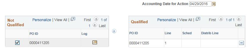 The Accounting Date for Action should be the current date. 9. Place a checkmark in the box to the left of the PO ID, then click on the Override arrow to transfer the PO ID to the Qualified side. 10.