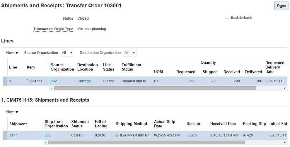 You can monitor line status, fulfillment status, and interface status, and can examine quantity details, including requested, shipped, and received quantities.