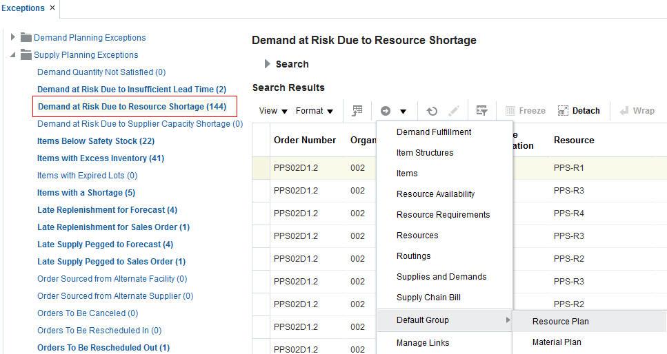 Exceptions page showing drill to options and selecting the Resource Plan From tables that show exception data, you can navigate in context to other plan data.