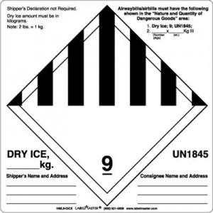 Package Markings for Dry Ice Labeling: The outermost container must be labeled with a hazard class 9 label, UN 1845, and the net weight of dry ice in kilograms.