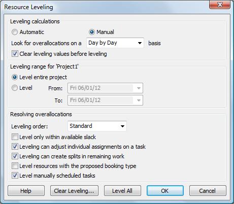 Adjusting Resources The first time you select the Automatic option, you also need to set any other leveling options as desired in the Resource Leveling dialog box.