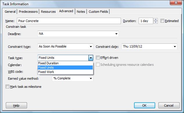 APPENDIX A OTHER SCHEDULING OPTIONS TASK TYPES In addition to Effort driven tasks, Microsoft Project includes three other task types: fixed duration, fixed units, and fixed work.