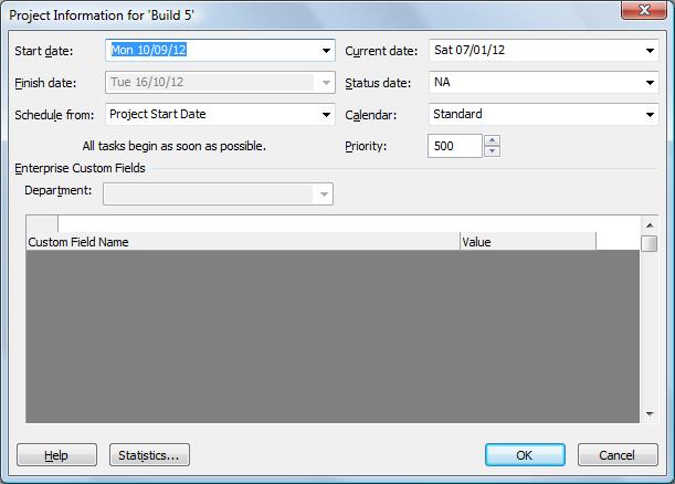 Starting a Project SPECIFYING A PROJECT START DATE Before you start to record information in Microsoft Project, it is advisable to enter some preliminary data, such as the planned start or finish