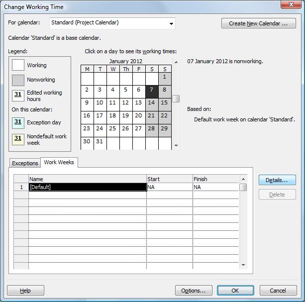 Starting a Project CHANGING THE DEFAULT WORKING HOURS In Microsoft Project, the default project calendar, called the Standard calendar, defines the standard working hours for all projects.