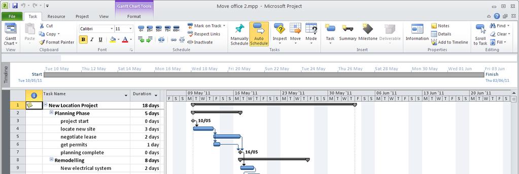 Linking and Editing Tasks An outlined project plan Procedures 1. Switch to the Gantt Chart view. 2. Select the task(s) you want to indent or outdent. 3.