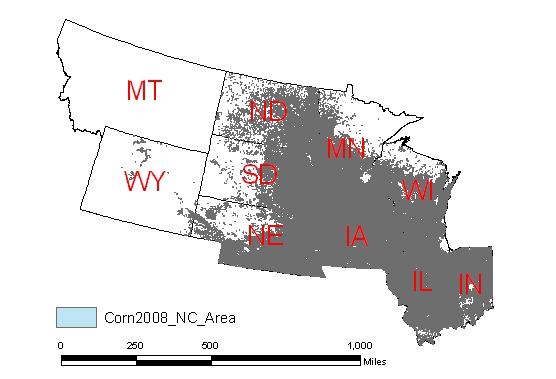 Figure 1. Location of corn fields in the North Central states in 2008 (USDA, 2010a). Feedstock Grid Cells Square grid cells were developed to determine feedstock availability.