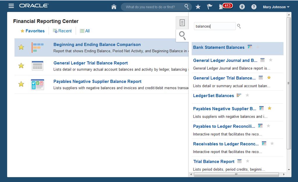 Figure 9. Financial Reporting Center Dashboard Example» In figure 10 below you can identify each report type through unique icons displayed in the Financial Reporting Center. Figure 10.