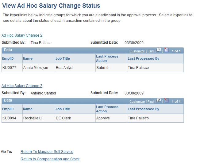 Changing Employee Salaries When No Allocated Budget Exists Chapter 9 View Ad Hoc Salary Change Status page To view more details, click the link above the employee's name.