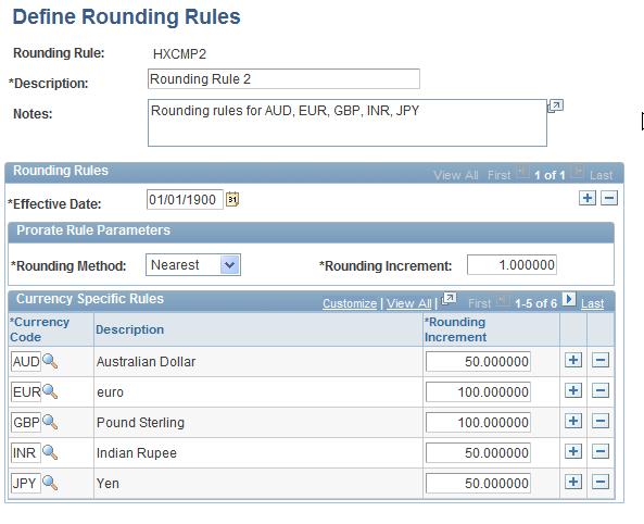 Setting Up and Implementing Compensation Cycles Chapter 3 Defining Rounding Rules Access the Define Rounding Rules page (Set Up HRMS, Product Related, Compensation, Compensation Processes, Define