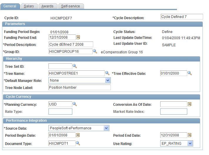 Chapter 3 Setting Up and Implementing Compensation Cycles Compensation Cycle Definition - General page Cycle ID Before you access this page enter a short phrase or abbreviation that uniquely