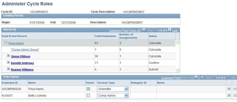 Chapter 5 Administering Compensation Cycles Page Used to Manage Cycle Roles Page Name Definition Name Navigation Usage Administer Cycle Roles WCS_ECM_CYC_ROL Compensation, Compensation Cycles,