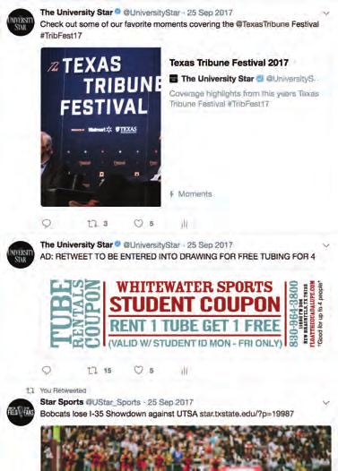 SOCIAL MEDIA 12,800 Twitter followers 3,414 Facebook Likes 953 Instagram Followers Let us handle your social media marketing by posting your content among The University Star s outstanding news
