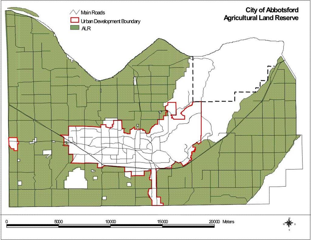 City in the Country Plan Figure 10 Agricultural Land erve Areas In November of 2000, the City received approval for the exclusion of 173 acres (70 hectares) of land at the Abbotsford Airport.