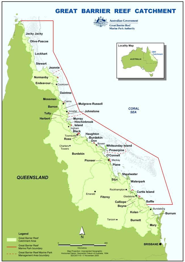 The Great Barrier Reef (GBR) catchment location Extends 2300 km along the north-east coast of Queensland Catchment area covers about 22% of