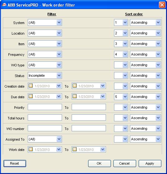 Figure 41 - Work order filter window Selecting items under the Filter column will allow the user to selectively hide or display work orders in the work order list.