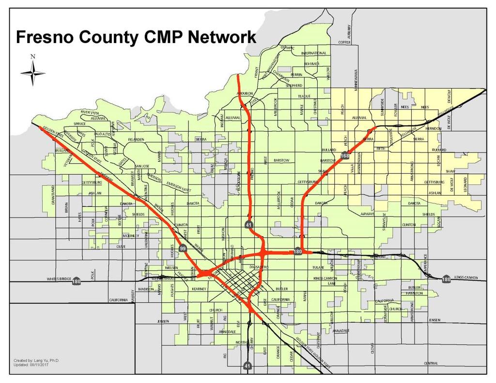 The CMP network encompasses SR 41 from the SR 99 interchange to the Madera/Fresno County line, SR 99 from the Madera/Fresno County line to the Jensen Avenue interchange, SR 168 from the SR 180