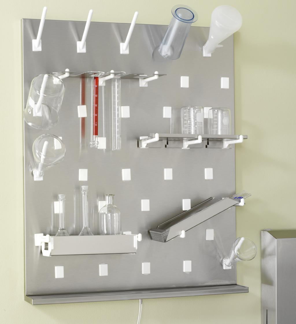 PEGBOARDS CAN BE WORKSTATIONS The addition of our accessories such as drain shelves, cylinder yolks and drain baskets can change a simple pegboard into a customized and efficient workstation.