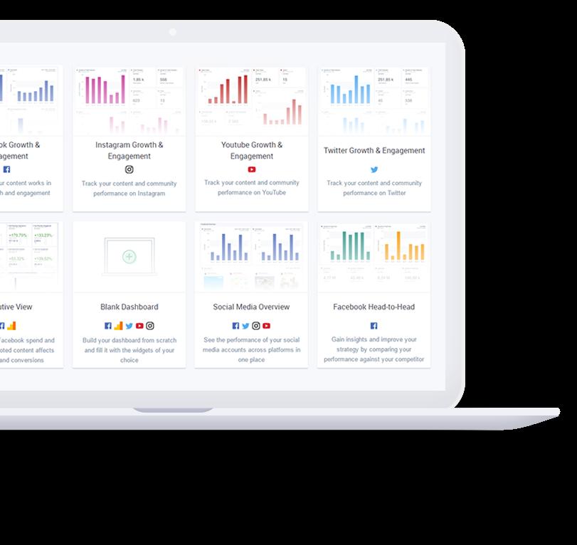 Dashboard Preset Templates Nine industry standard templates and a customizable template allow you to instantly measure social performance at a glance across fan growth, engagement, competition and