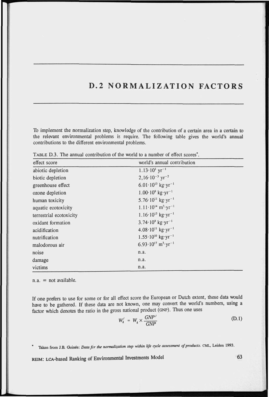 D.2 NORMALIZATION FACTORS To implement the normalization step, knowledge of the contribution of a certain area in a certain to the relevant environmental problems is require.