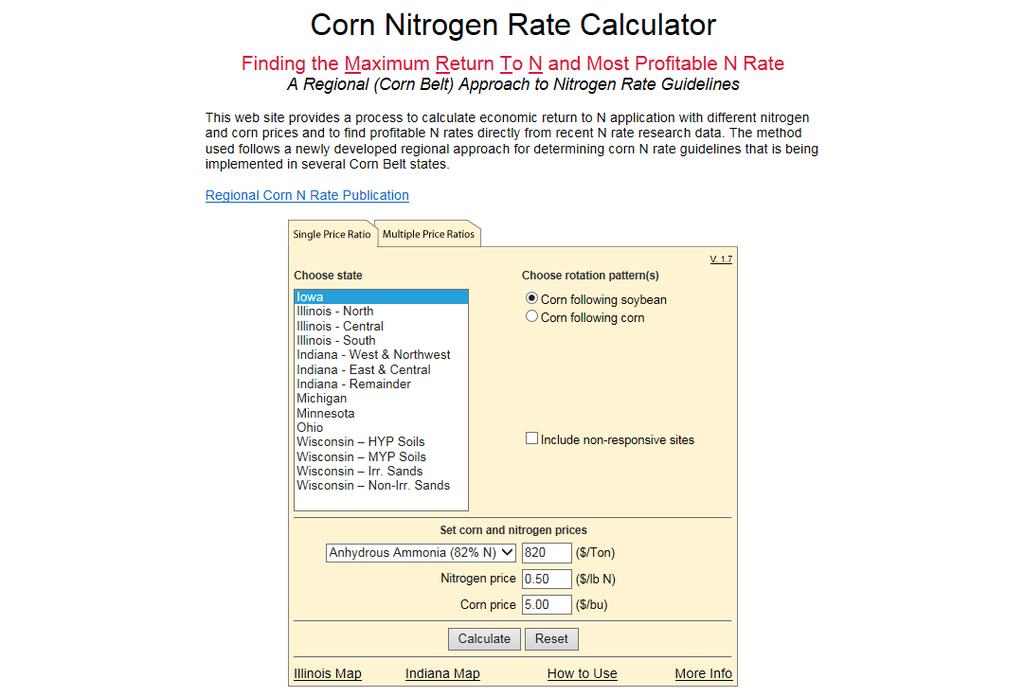 Online CNRC tool for corn N rate guidelines Seven states in the Midwest USA Cornbelt