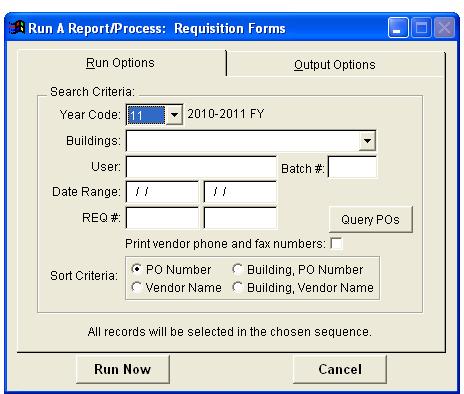 Print Requisition Forms Use the PRINT REQUISITION FORMS menu item to verify and review data before printing purchase order forms or to distribute for manual approval signatures.