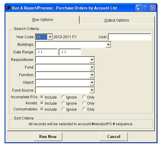 PO by Account List Generate a list of purchase orders that have outstanding encumbrances, sorted by account codes. Year Code: (Required) Select a fiscal year for which to generate the report.