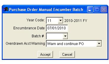 Manually Encumber POs Year Code: (Required) Select a fiscal year for which to manually encumber