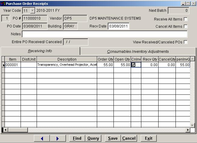 Receiving Info Tab Item: The item code used to identify the item ordered displays in this field (established in the Consumables Inventory ITEM DIRECTORY).