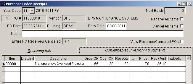 Consumable Inventory Adjustment If you needed to change the Unit Price when receiving a Purchase Order, you can