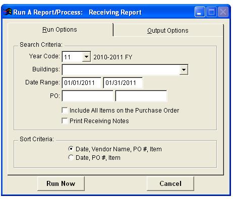 Receiving Report The RECEIVING REPORT menu item allows you to generate a report that lists items recorded as received as entered on the RECEIVE s POs screen.