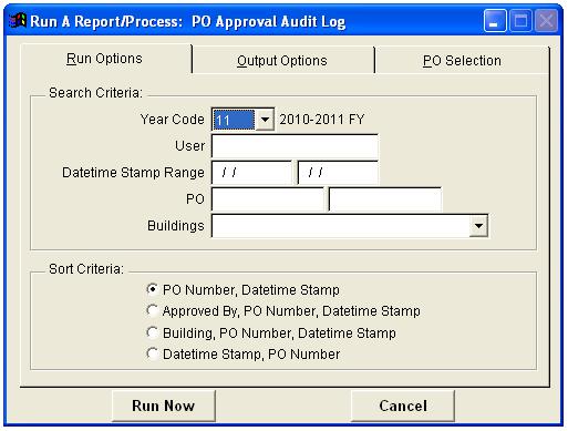 PO Audit Generate a report of PO audit log entries. Year Code: (Required) Select a fiscal year for which to generate the report.