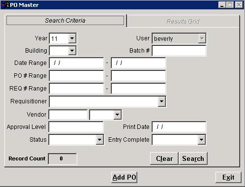 PO MASTER The PO Master is designed to assist you in locating specific POs, viewing results, adding a new Purchase Order/Requisition, and/or copying an existing Purchase Order.