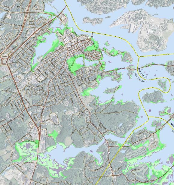Extent of Flooding from Sea-Level Rise and Storm Surge The green and pink color schemes are arranged from
