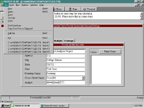 3.2 PASSER TM III-98 Setup and User Interface Before we discuss entering data into the program, we will discuss the File menu bar and how it can be used to setup and configure PASSER TM III-98.