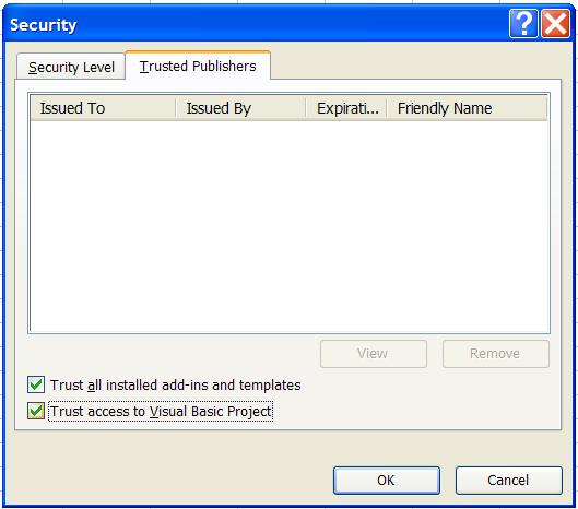 Then, go to: Tools Macro Security Select the Trusted Publishers Tab Check the Trust access to Visual Basic Project checkbox and press Okay to finish setting up your computer.