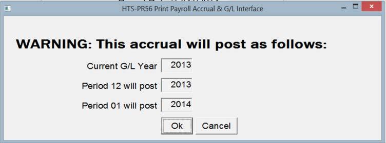 Note that on the Warning screen, the Current G/L Year is displayed to help you determine the correct posting year. The year displayed here comes from the General Ledger Profile.