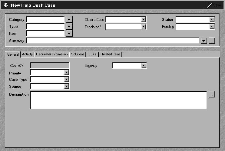 A New Help Desk Case form is displayed. Figure 4-17 New Help Desk Case Form 5. Create the help desk case. For instructions, refer to the Remedy Help Desk User s Guide. 6.