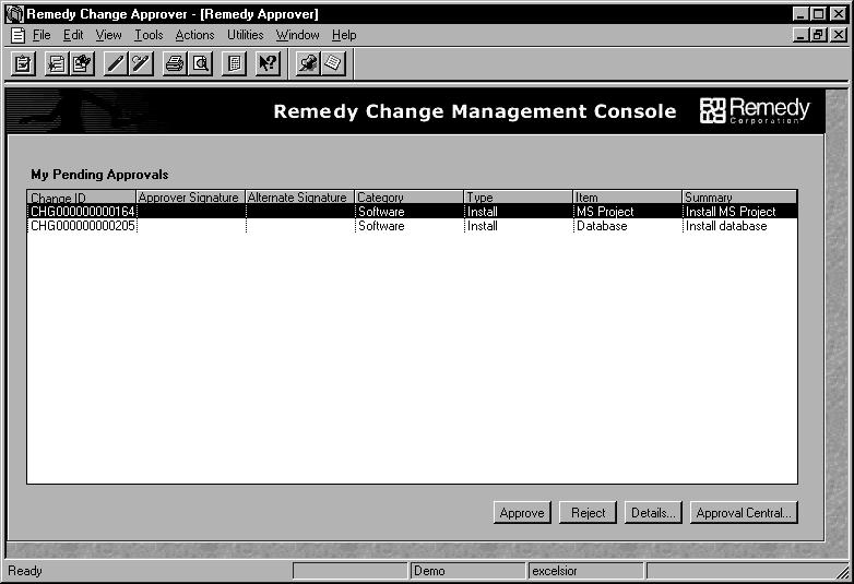 Opening the Remedy Change Approver Application When you start Remedy Change Approver, the Remedy Change Management Console is displayed.