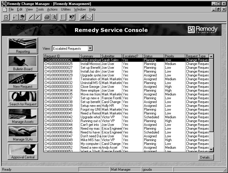 Opening the Remedy Change Manager Application When you start the Remedy Change Manager application, the Remedy Service Console is displayed.
