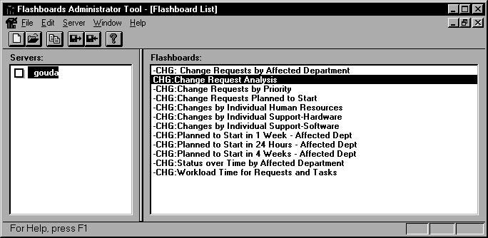 The list of flashboards that exist on the server is displayed in the Flashboard List window.