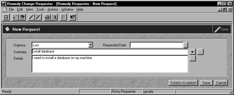 The New Request form is displayed, as shown in Figure 2-4. Figure 2-4 New Request Form 2. In the Urgency field, select the urgency for having this change request completed. 3.