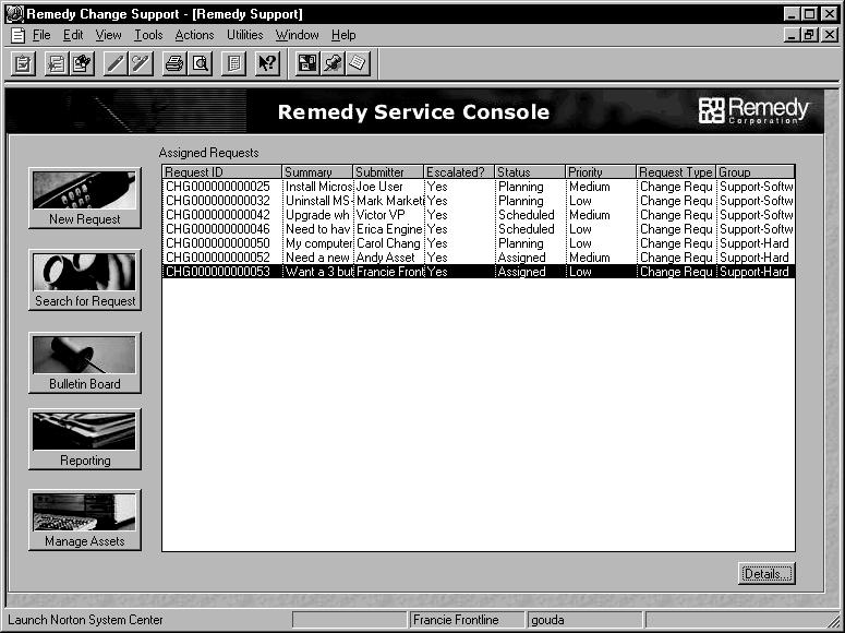Opening the Remedy Change Support Application When you start Remedy Change Support, the Remedy Service Console is displayed.