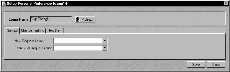 The Setup Personal Preference dialog box is displayed. By default your name appears in the Login Name field. You cannot change this. Figure 3-8 Setup Personal Preference Dialog Box 2. Click Profile.