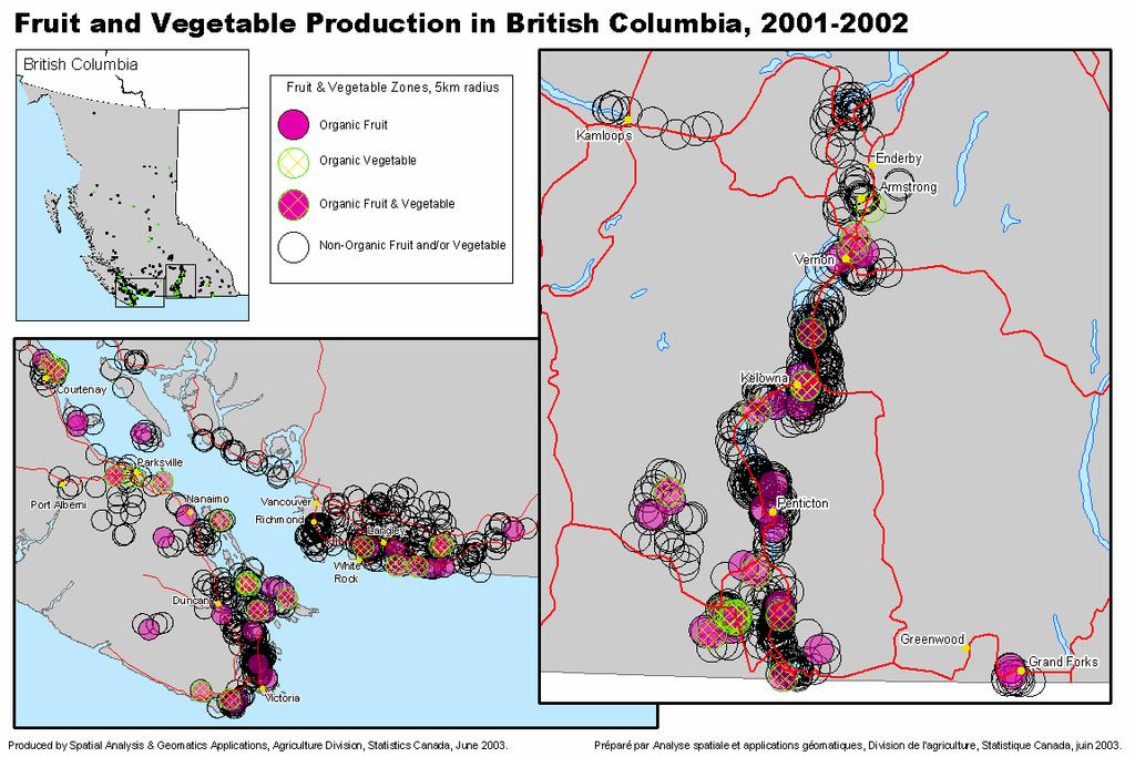 Map 1, which uses selected areas of British Columbia as examples, shows that organic and non-organic farms are interspersed within a geographic location.