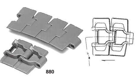 The chain N LF 880 TAB may be manufactured with a radius of 200 mm, but then named LF 880 BO. All these chains are also available with plastic pins.
