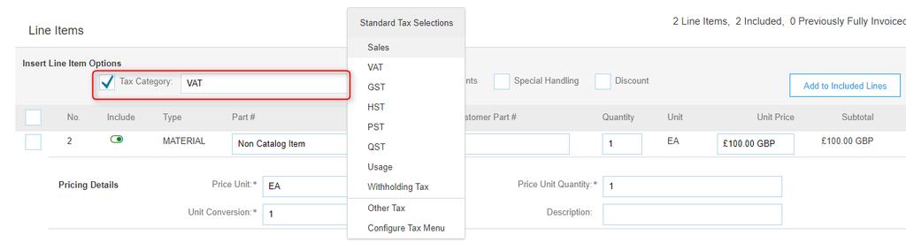 PO Flip Invoice: Line Items (continued) If you selected Line level tax in the Header you need add tax lines to every line item you want to invoice. 3.