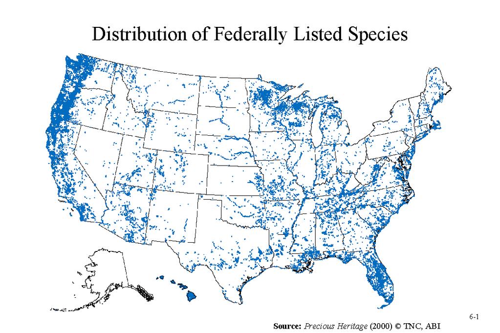 Figure 22. The distribution of U. S. endangered species is concentrated near coastal ports (from Stein et al. 2000).