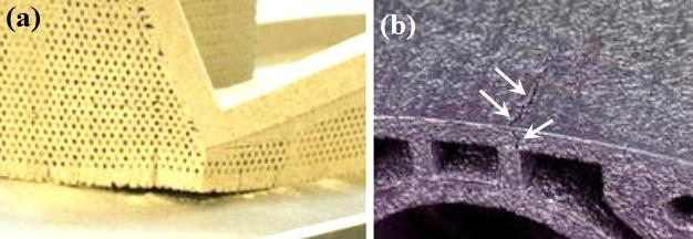 Figure 11. Defects Caused by Residual Stresses Developed during Selective Laser Melting: a) Delamination from Substrate; b) Cracking of Part; white arrows show crack [29] 4.